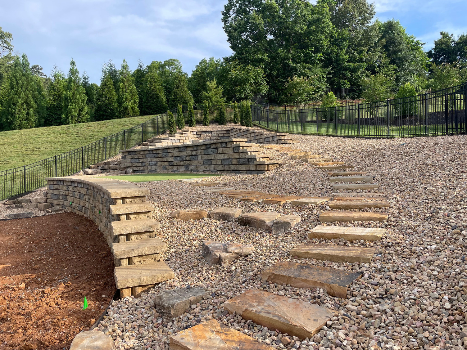 Tiered retaining walls forming steps and terraces in a landscaped area